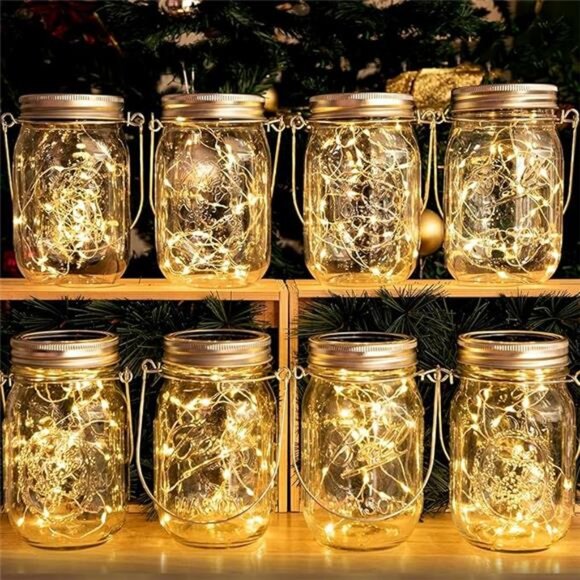 HXWEIYE 8 Pack Solar Mason Jar Lights Lanterns,Jars & Hangers Included，30LED - Picture 8 of 8